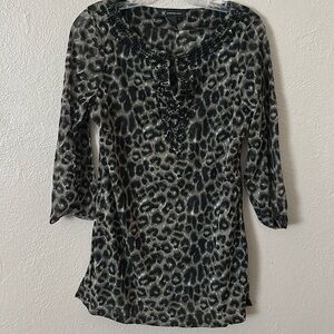 Women’s INC Semi Sheer Embellished Leopard Print Top, Large Green/Black